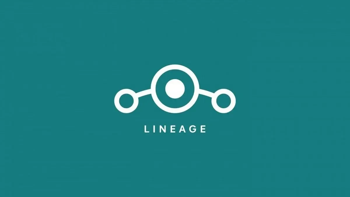 Turkuaz zemin üzerinde beyaz LineageOS simgesi ve logosu