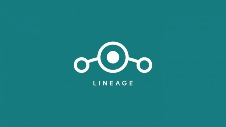 Turkuaz zemin üzerinde beyaz LineageOS simgesi ve logosu