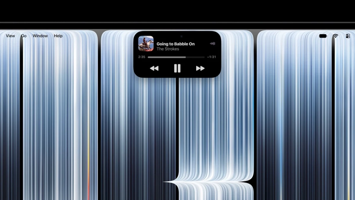 Mac ekranındaki Dynamic Island alanında Apple Music çalma kontrolleri