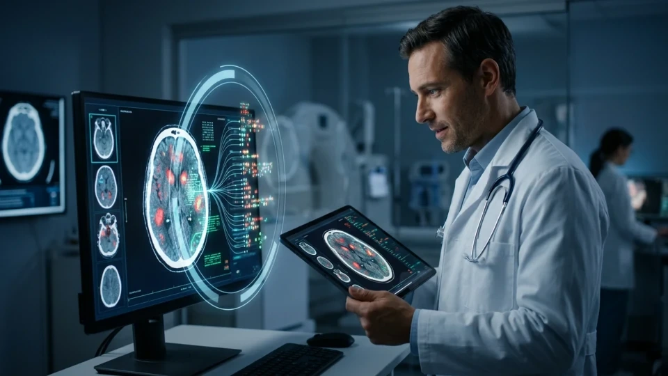 Doktor, ekranlarda tıbbi görüntüleri incelerken tablet kullanıyor.