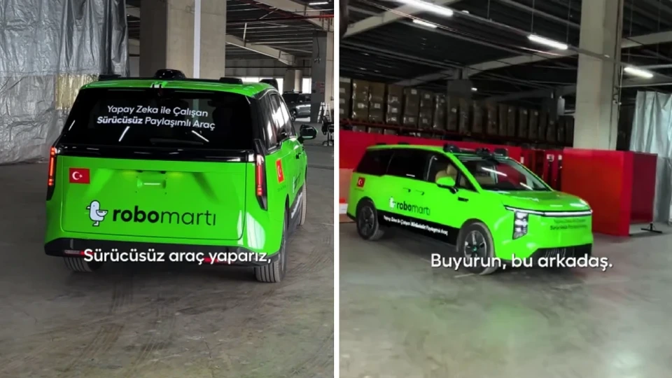 Martı logolu yeşil RoboMartı otonom aracının kapalı bir alanda farklı açılardan görünümü