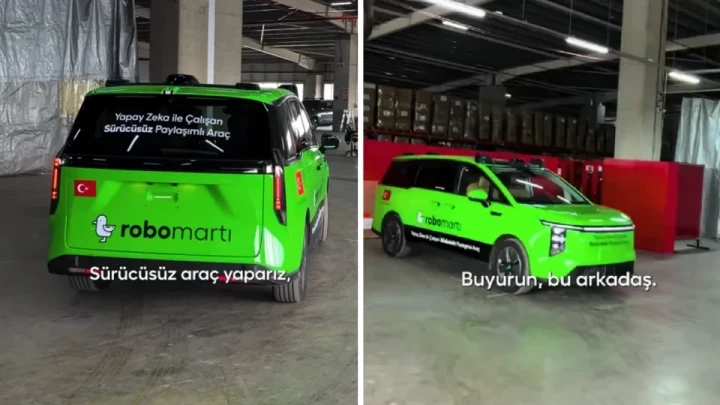 Martı logolu yeşil RoboMartı otonom aracının kapalı bir alanda farklı açılardan görünümü