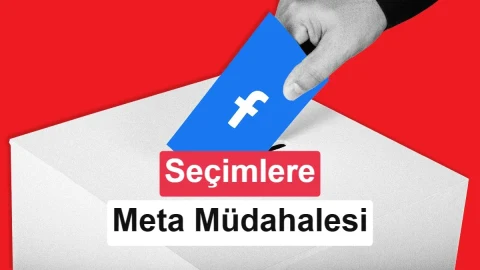 Bir el, Facebook logosu bulunan kartı seçim sandığına yerleştiriyor; görselde Meta'nın seçimlere müdahalesi ifadesi yer alıyor.