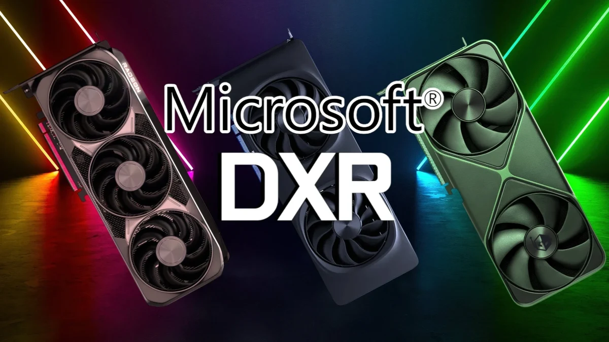 Microsoft DXR yazısı ve farklı ekran kartlarıyla hazırlanan teknoloji görseli
