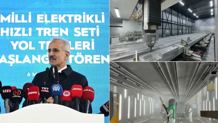 Ulaştırma ve Altyapı Bakanı Abdulkadir Uraloğlu’nun konuşması ile tren üretim alanından görüntülerin yer aldığı kolaj