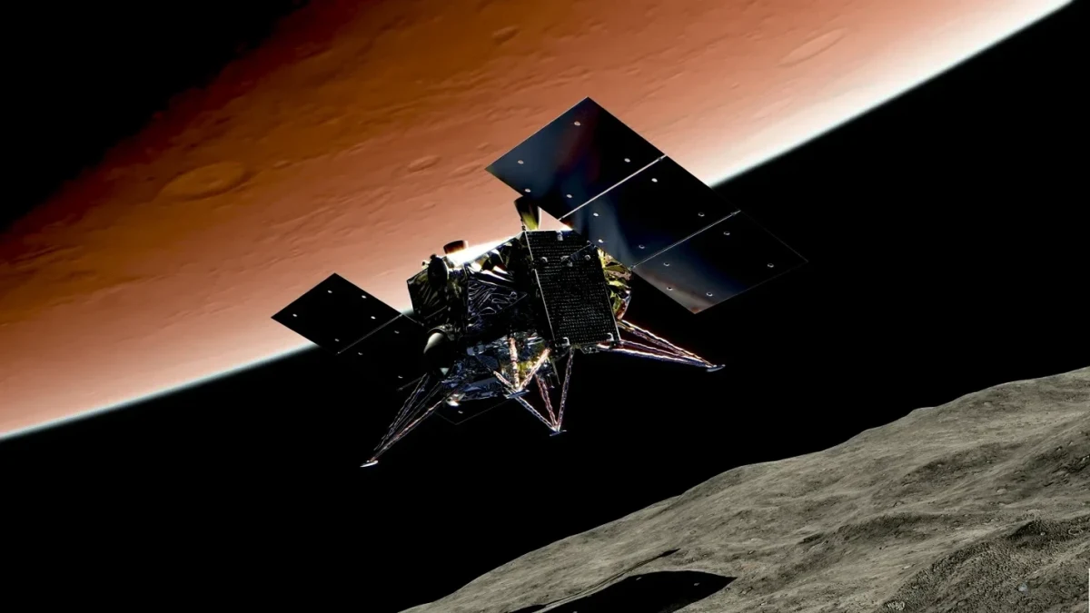 Phobos yüzeyine yakın konumda gösterilen MMX uzay aracı illüstrasyonu
