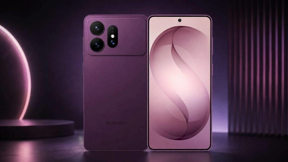 Mor renkli Samsung telefonun arka yüzü ve ön ekranı