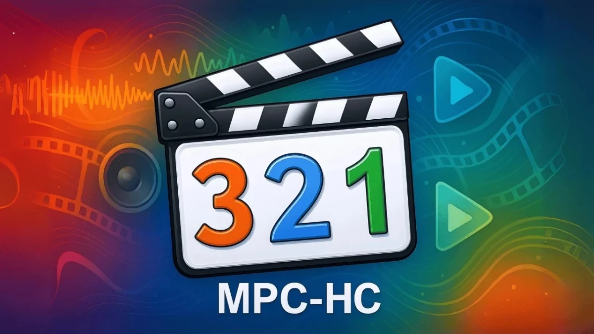 Renkli arka plan üzerinde MPC-HC logosu ve 321 rakamlarının bulunduğu medya oynatıcı görseli