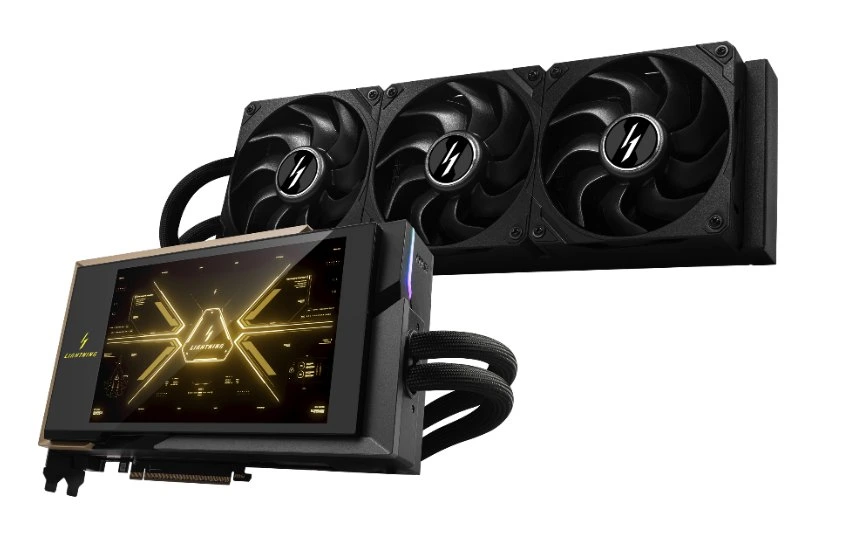 MSI RTX 5090 Lightning Z sıvı soğutma radyatörü ve 8 inçlik görüntü paneli