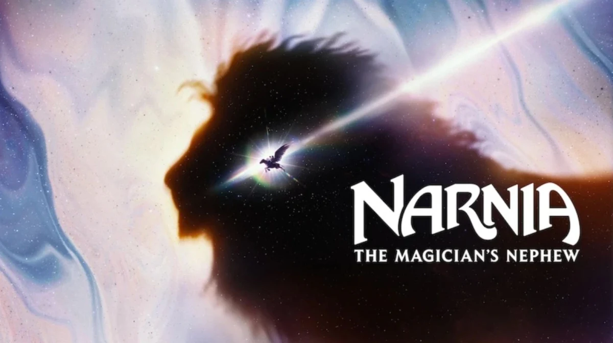 Narnia: The Magician’s Nephew yazısı ve ışık huzmesi önünde siluet hâlinde büyük bir aslan başı