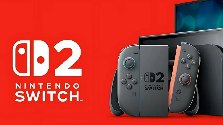 Nintendo Switch 2 konsolu ve Joy-Con kontrolcüleri kırmızı arka plan üzerinde