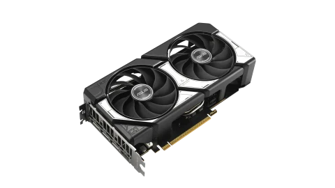 Beyaz arka plan üzerinde iki fanlı NVIDIA GeForce RTX ekran kartı