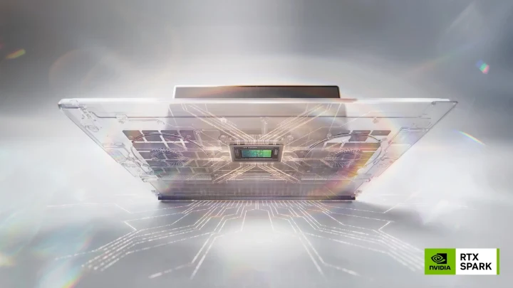 Nvidia RTX Spark işlemcisini temsil eden, iç bileşenleri ışık efektleriyle gösterilmiş dizüstü bilgisayar görseli