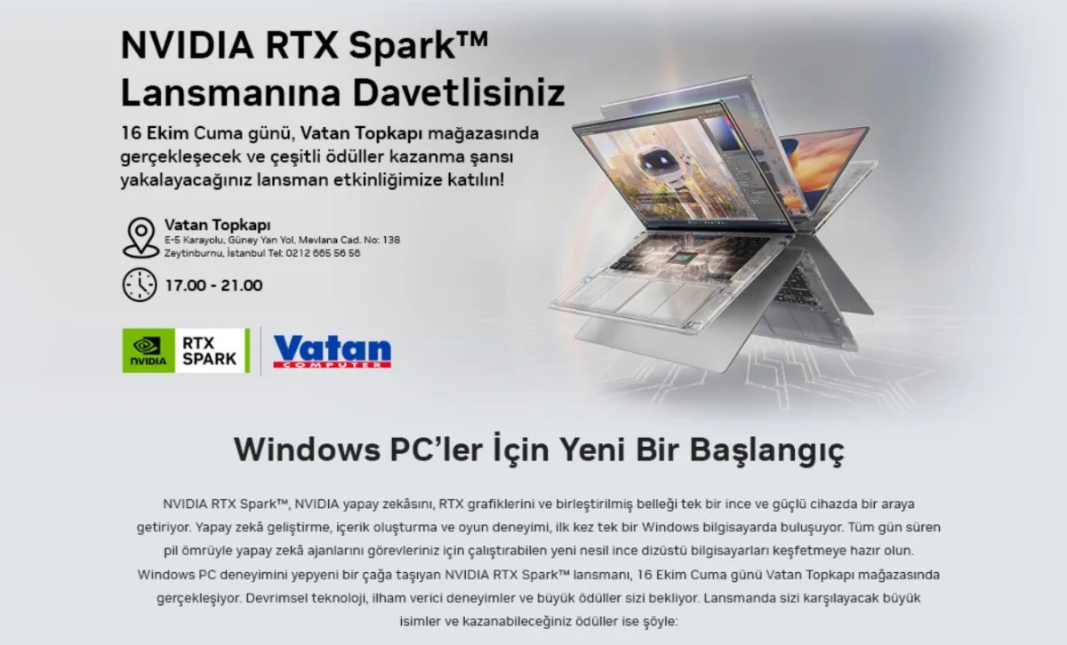 NVIDIA RTX Spark lansman etkinliğini duyuran afişte dizüstü bilgisayar görseli ve etkinlik bilgileri yer alıyor