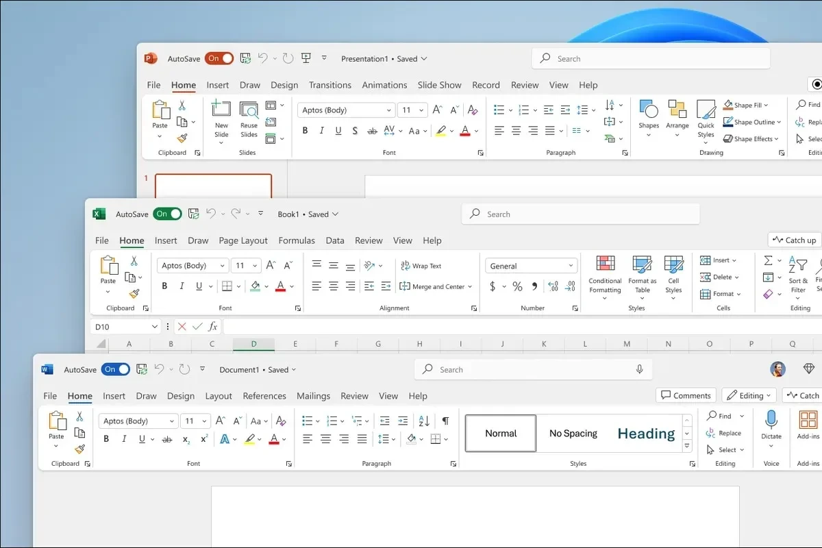 Word, Excel ve PowerPoint uygulamalarının arayüzleri üst üste açık