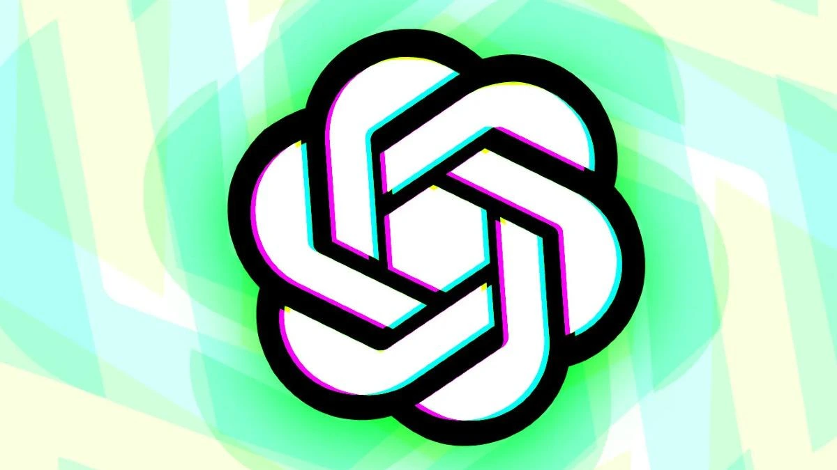 Açık renkli geometrik arka plan üzerinde siyah çerçeveli OpenAI logosu