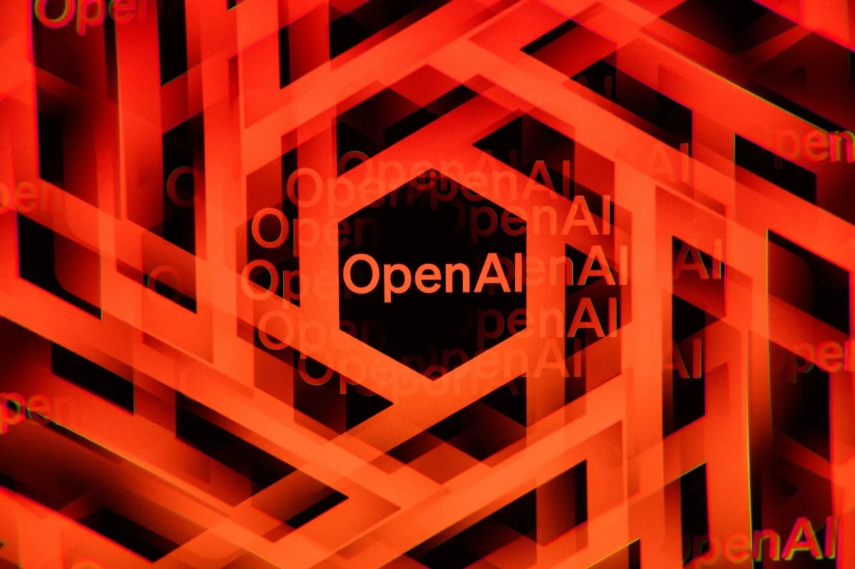 Kırmızı ve siyah geometrik şekiller arasında OpenAI yazıları