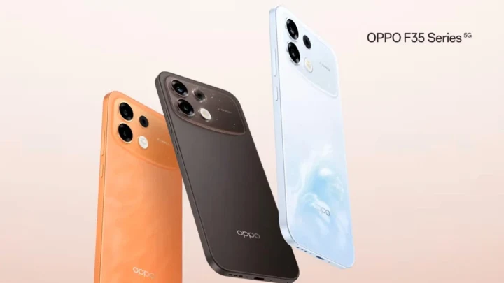 Turuncu, koyu gri ve açık renkli Oppo F35 serisi telefonların arka yüzleri
