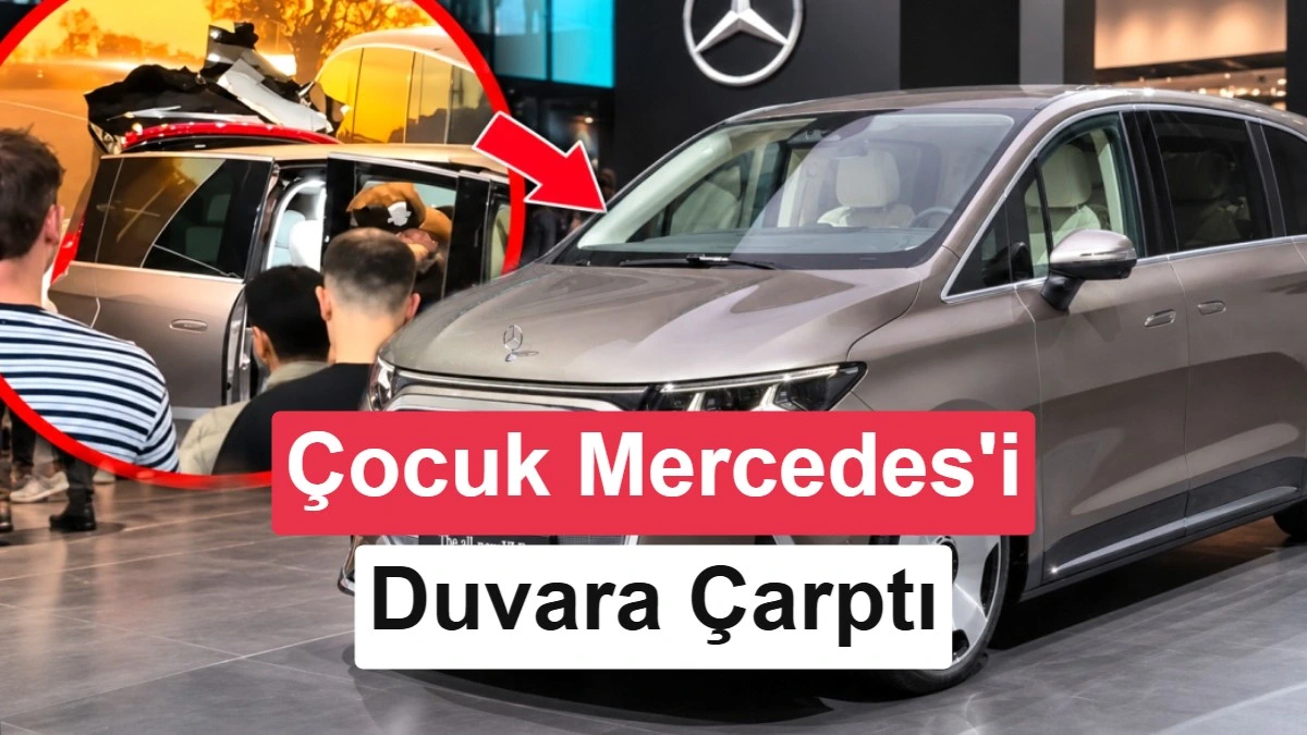 Paris'teki fuarda sergilenen Mercedes ve aracı duvara çarpan çocuğa ilişkin haber görseli