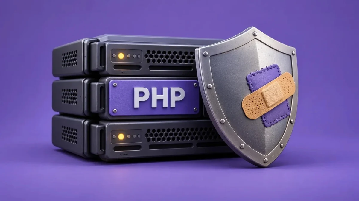 PHP yazılı sunucu kasalarının önünde güvenlik kalkanı illüstrasyonu