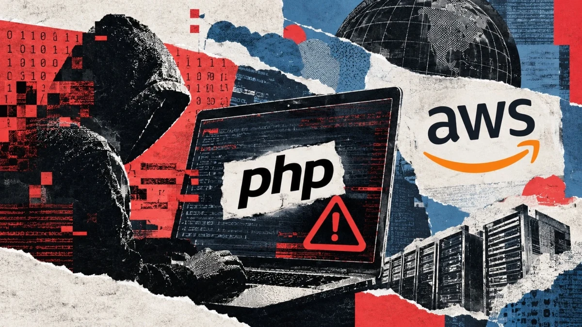 PHP uyarı simgeli dizüstü bilgisayar, AWS logosu ve sunucularla hazırlanmış siber güvenlik kolajı