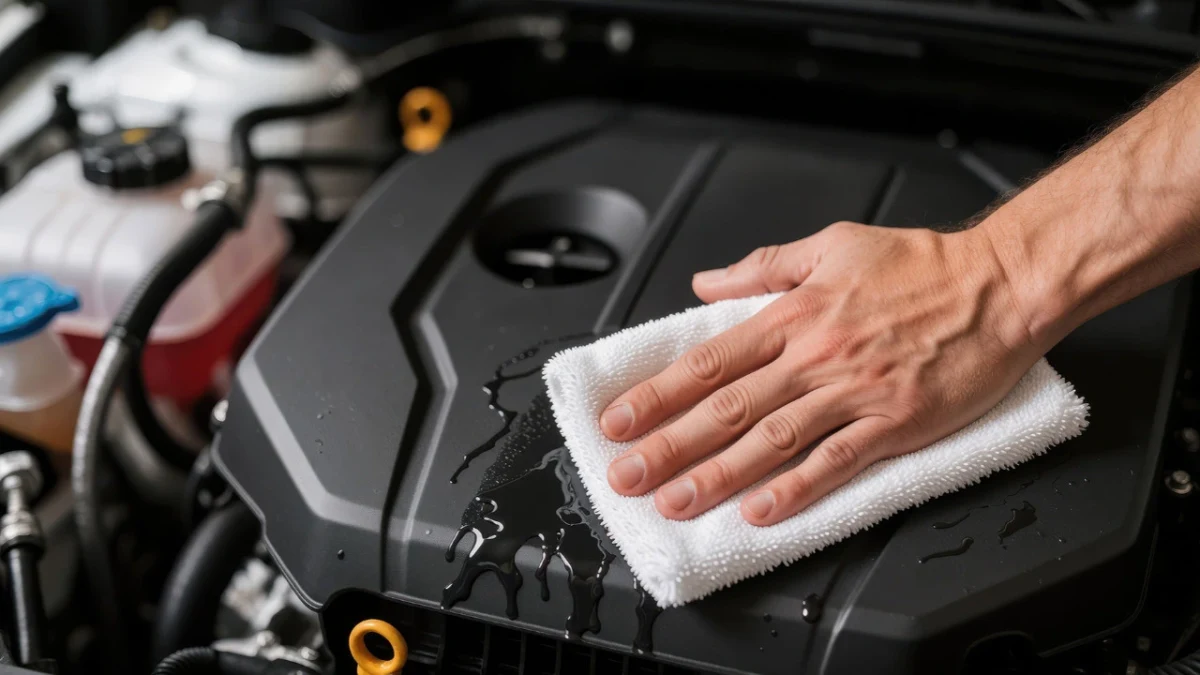 Bir el, otomobil motorunun üzerindeki plastik kapağı bezle siliyor.