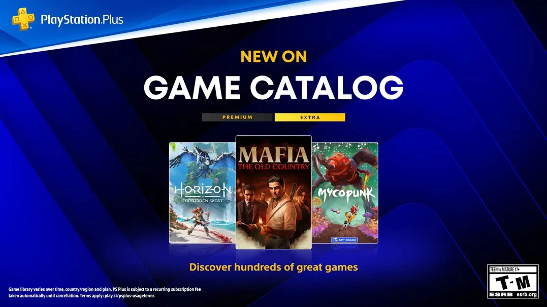 PlayStation Plus Game Catalog tanıtım görselinde Horizon Forbidden West, Mafia: The Old Country ve Mycopunk kapakları görülüyor.