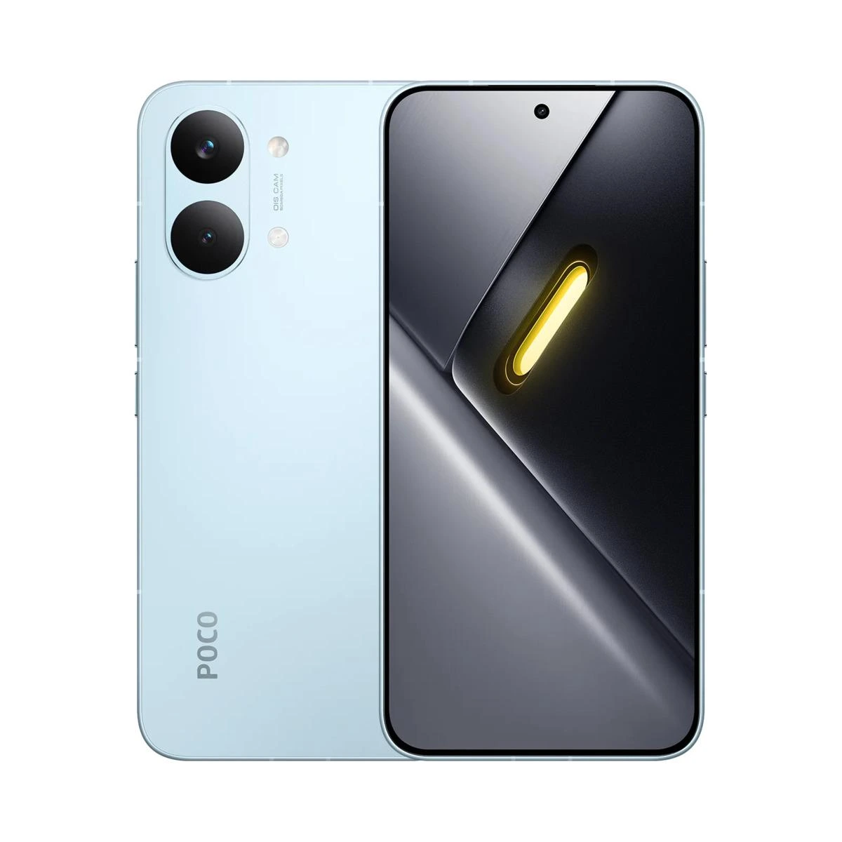 Açık mavi POCO X8 Pro telefonun ön ve arka yüzü