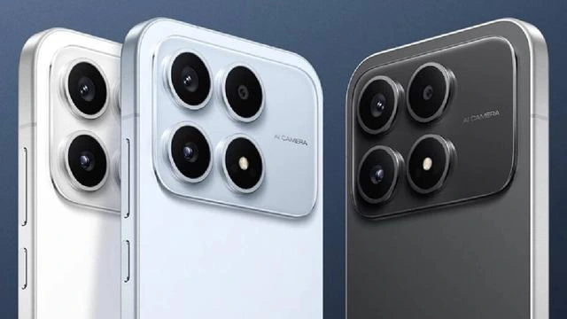 Beyaz, açık mavi ve siyah renklerde POCO X8s telefonların arka tasarımı ve kamera adaları