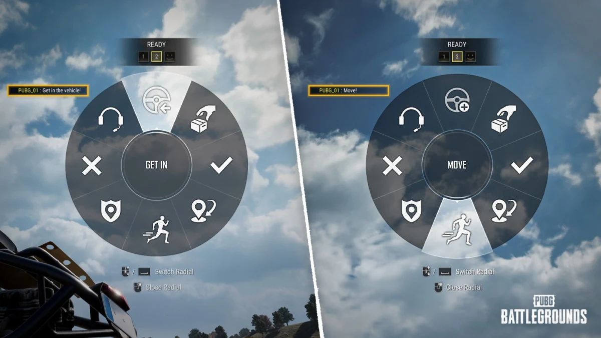 PUBG’de araç etkileşimi ve hareket komutlarını gösteren iki oyun içi kontrol çarkı
