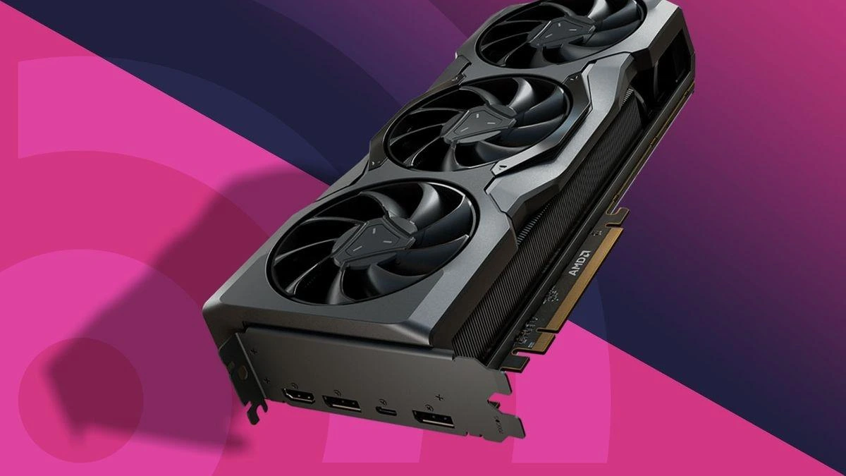 Pembe ve mor arka plan üzerinde üç fanlı Radeon ekran kartı