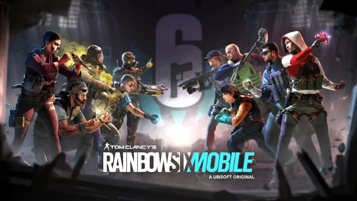 Rainbow Six Mobile tanıtım görselinde oyunun logosu önünde farklı operatör karakterleri
