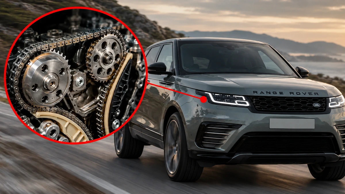 Hareket hâlindeki Range Rover ve zamanlama zinciri mekanizmasının yakın planı