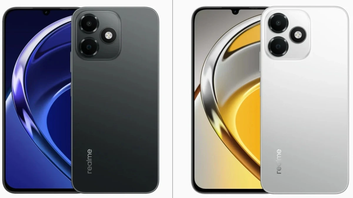 Realme P4s Lite telefonun siyah ve beyaz renk seçeneklerinin ön ve arka görünümleri