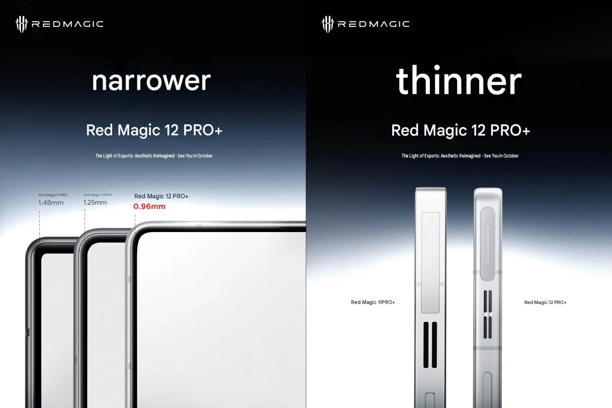 RedMagic 12 Pro+ modelinin dar ve ince tasarımını karşılaştırmalı gösteren tanıtım görseli