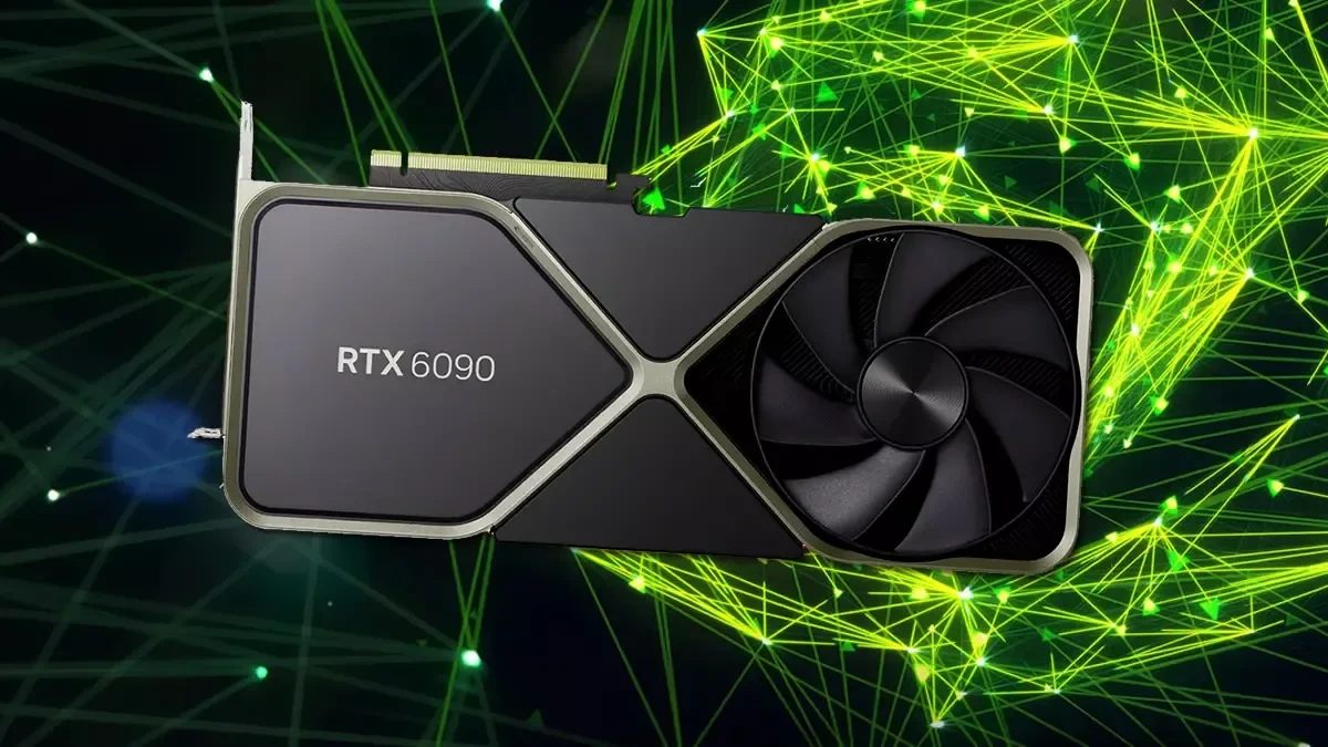 Yeşil ışık çizgileri önünde RTX 6090 yazılı ekran kartı