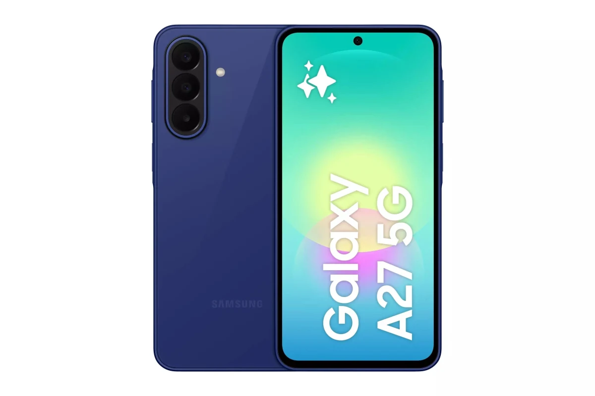 Mavi renkli Samsung Galaxy A27 5G telefonun ön ve arka yüzü
