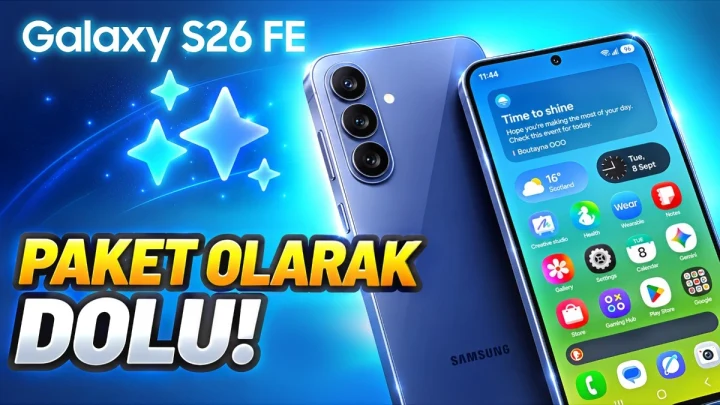 Samsung Galaxy S26 FE telefonunun ön ve arka yüzünü gösteren tanıtım görseli