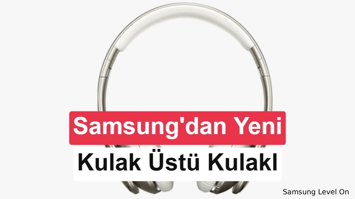 Samsung markalı, açık renkli kulak üstü kulaklık tasarımını gösteren görsel