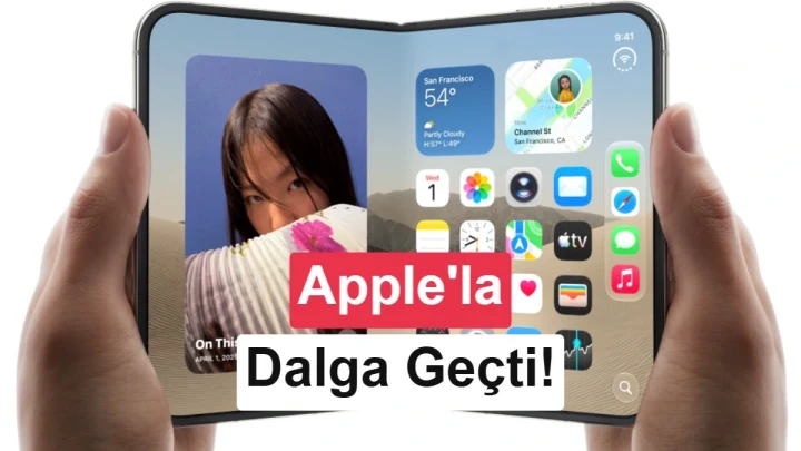 Katlanabilir bir telefonun ekranında Apple’a gönderme yapan “Dalga Geçti!” yazısı