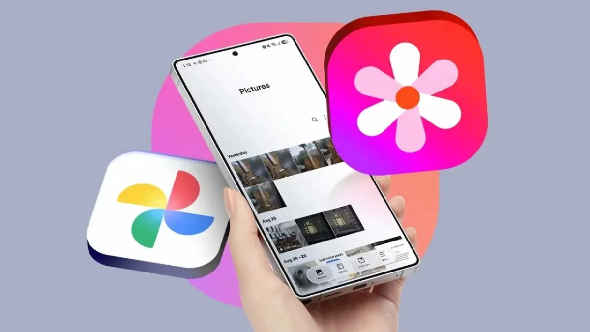 Samsung Galeri ve Google Fotoğraflar uygulamalarını temsil eden simgeler ile telefon ekranı