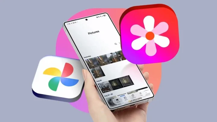 Samsung Galeri ve Google Fotoğraflar uygulamalarını temsil eden simgeler ile telefon ekranı
