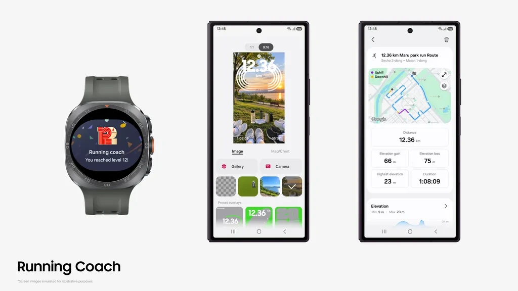 Samsung Health Koşu Koçu özelliğini ve antrenman ekranlarını gösteren akıllı saat ile telefonlar
