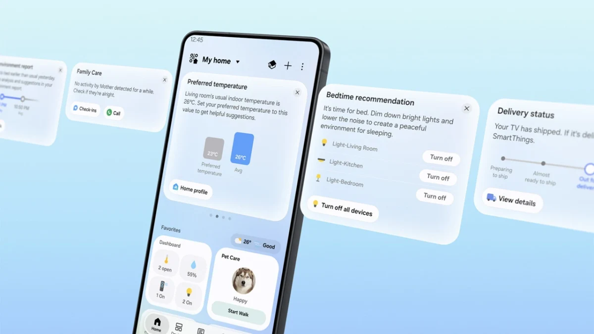 SmartThings uygulamasının kişiselleştirilmiş kart ve öneriler içeren ana ekranını gösteren telefon arayüzü