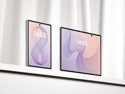 Raf üzerinde yan yana duran iki Samsung tablet