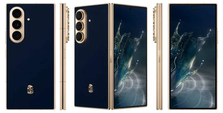 Koyu mavi gövdeli, altın renkli çerçeve ayrıntılarına sahip Samsung W27’nin açık ve kapalı görünümü