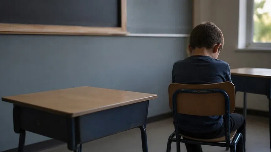 Sınıfta tek başına oturan, sırtı dönük bir öğrenci