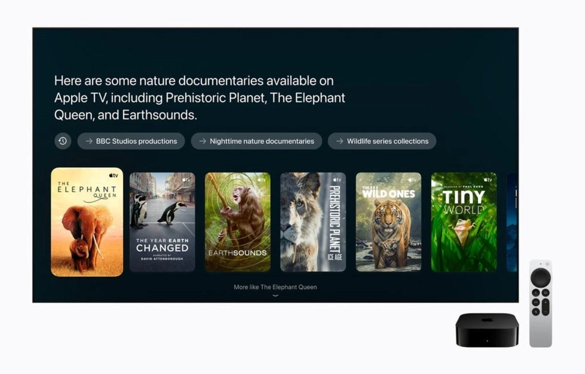 Apple TV’de doğa belgeseli önerilerinin ve içerik afişlerinin gösterildiği ekran