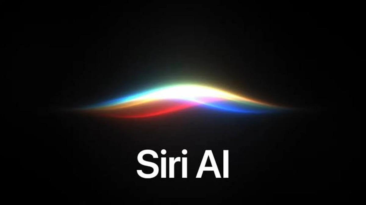 Siri AI yazısı ve renkli ışık çizgisi