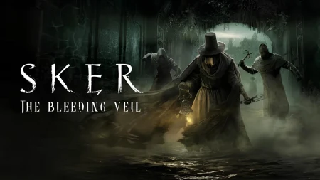 Sker: The Bleeding Veil oyun logosu ve sisli, karanlık bir ortamda ilerleyen üç karakterin yer aldığı kapak görseli